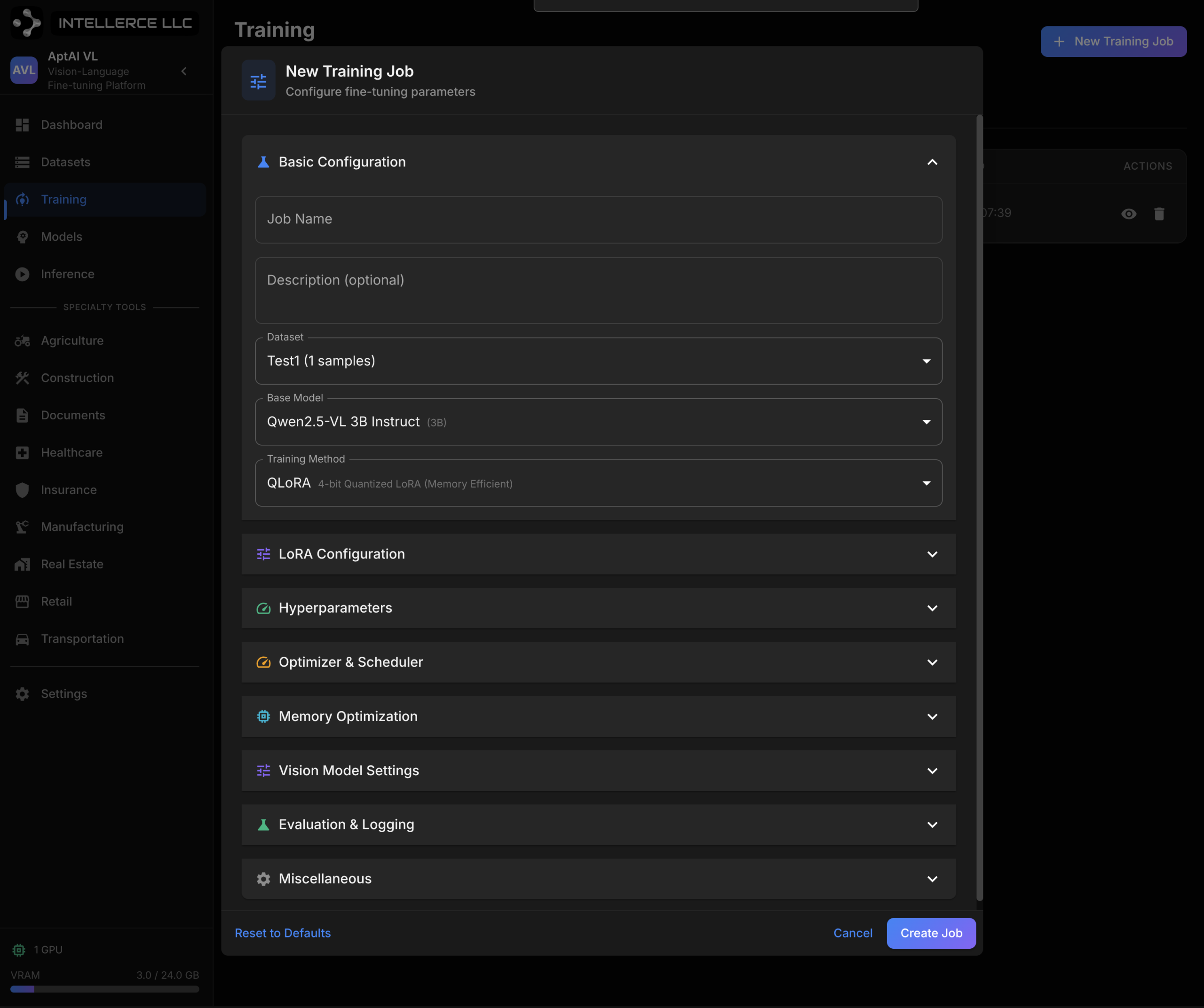 Training configuration interface